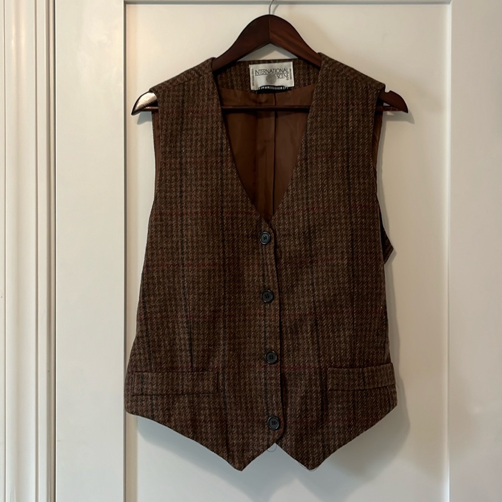 Brown Houndstooth Plaid Vest 100% Wool Academia